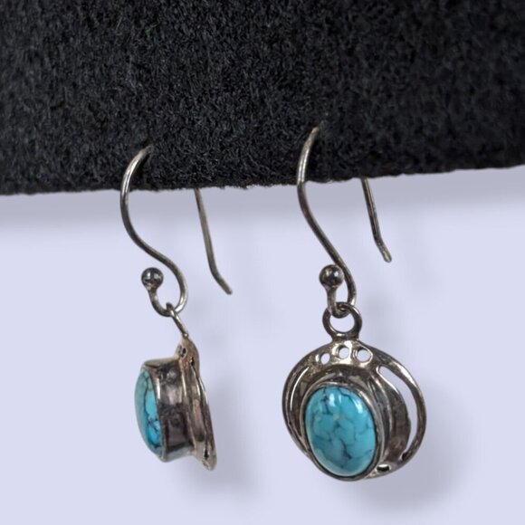 Sterling Turquoise Cabochon Dangling Earrings - Picture 2 of 6